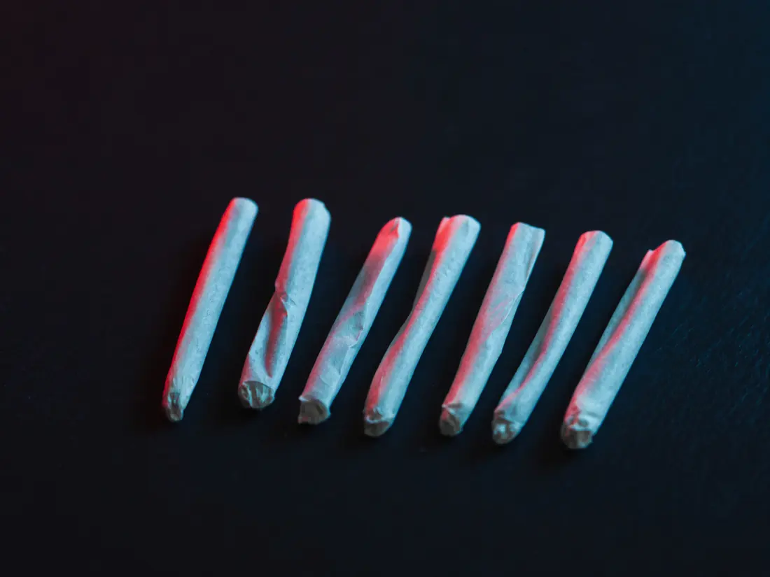 Seven plain pre-rolled joints laid in a row on dark slate under magenta and cyan light
